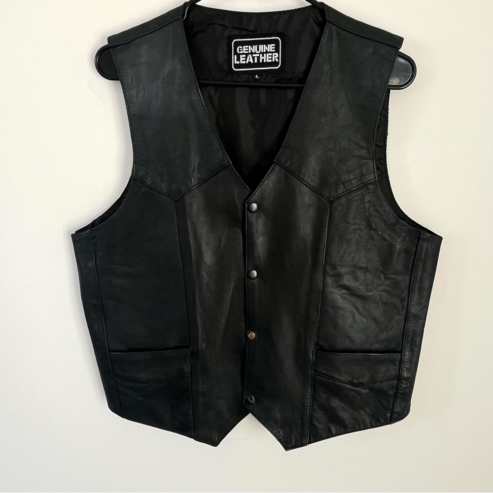 Classic The Genuine Leather Co Black Leather Biker Vest Snap Button Unisex Large